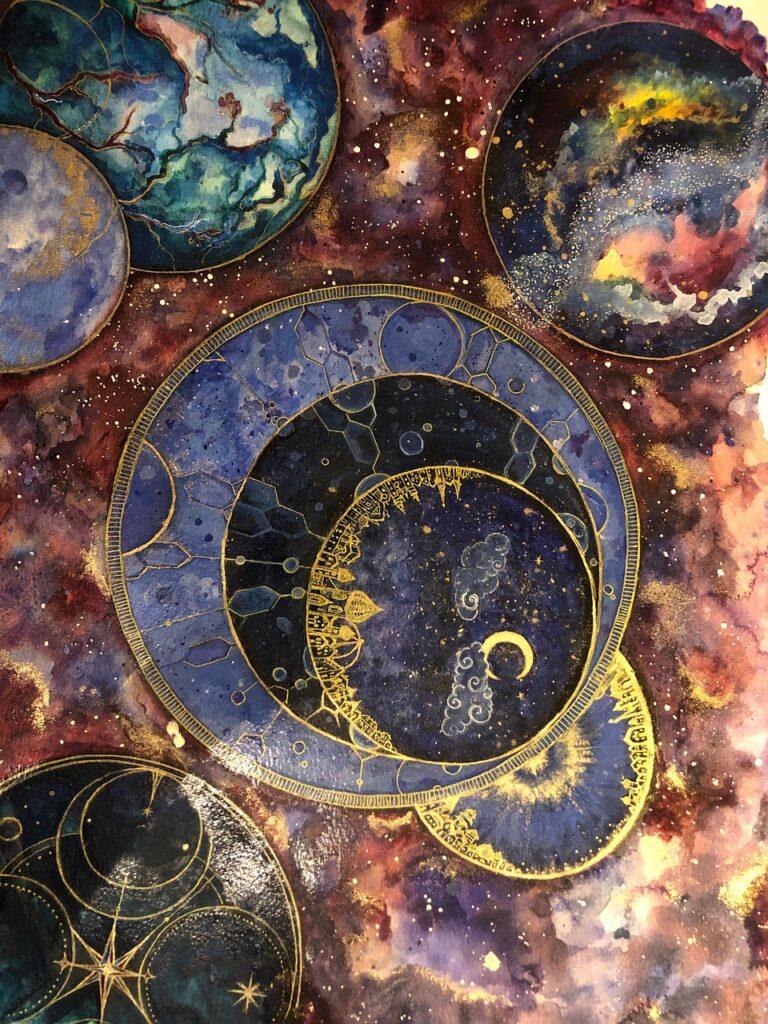 background, universe, planet, fantasy, moon, stars, space, galaxy, cosmos, colorful, watercolor, art, iphone wallpaper